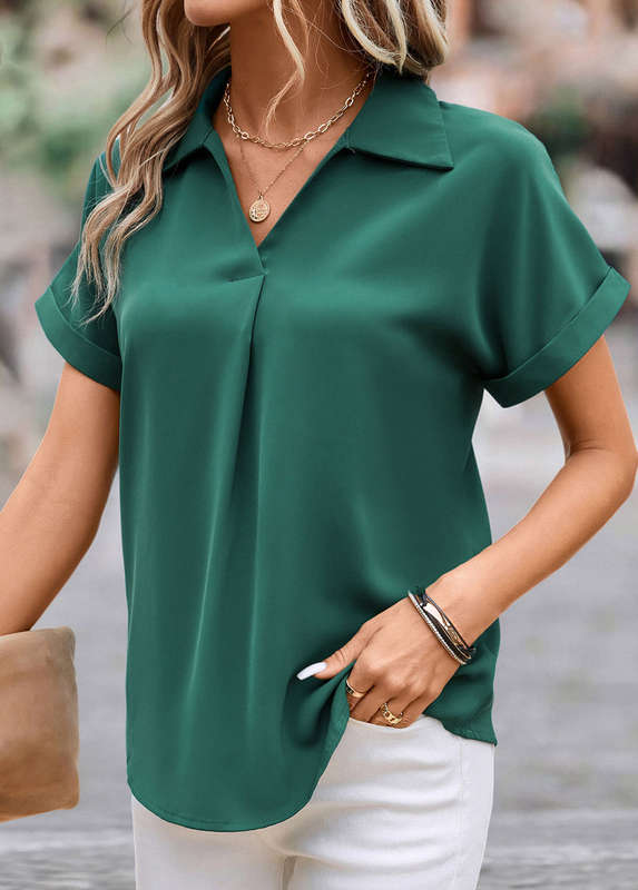 Green Shirt Collar Short Sleeve Blouse