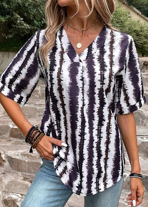Patchwork Striped Multi Color V Neck Blouse