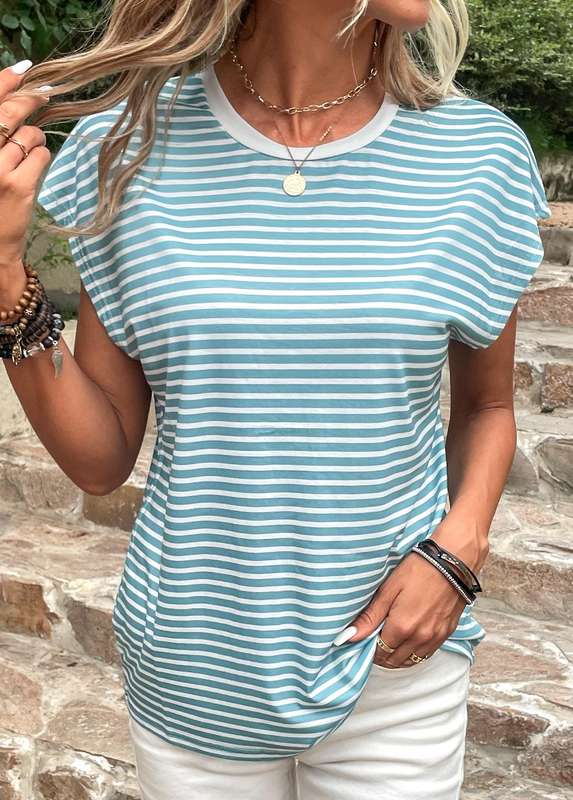 Patchwork Striped White Round Neck T Shirt