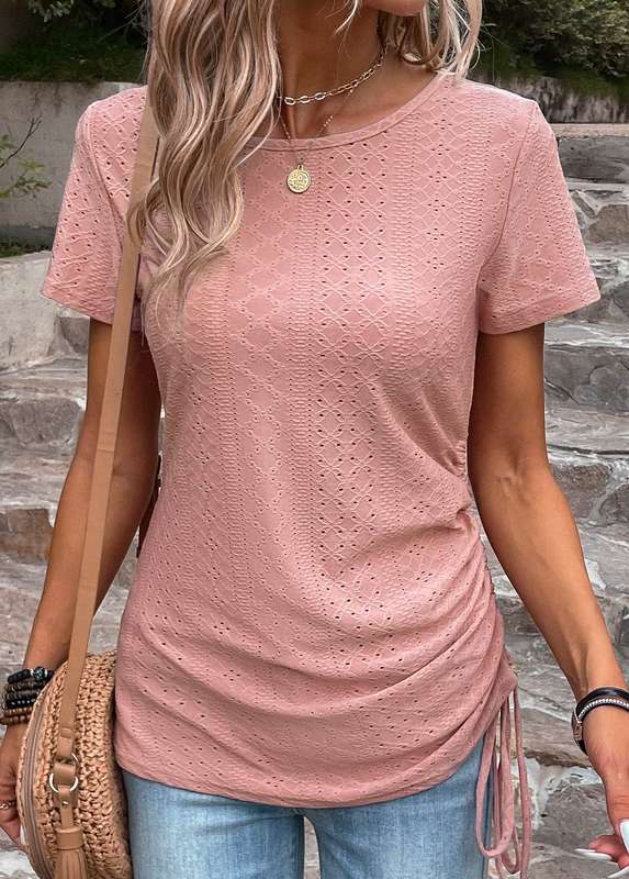 Drawstring Pink Round Neck Short Sleeve T Shirt