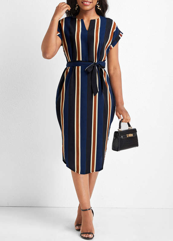 Split Striped Multi Color Belted Dress