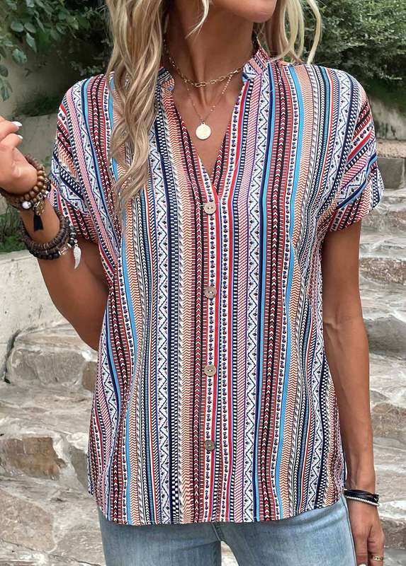 Button Striped Blue Split Neck Blouse