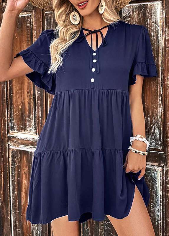 Drawstring Navy Short A Line Dress
