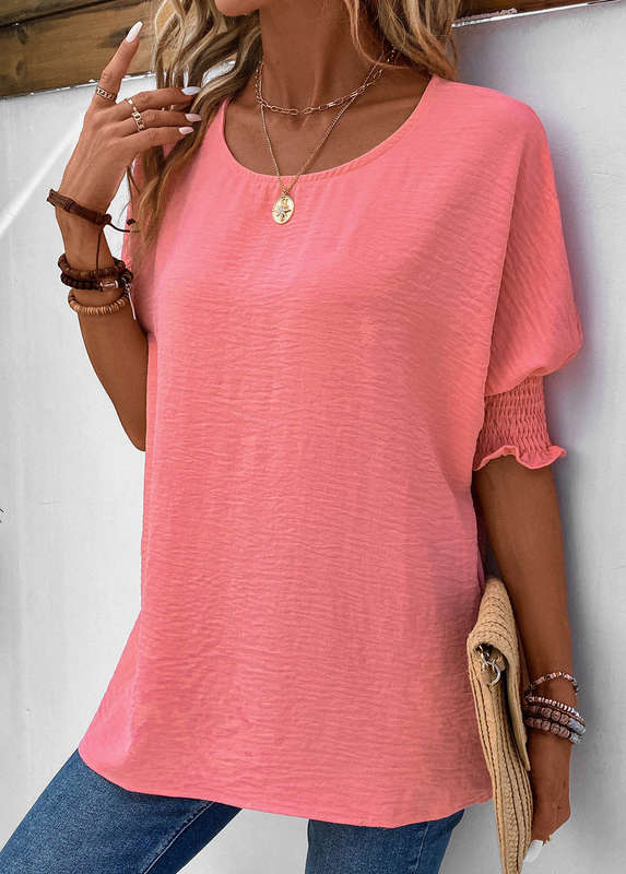 Smocked Pink Round Neck Half Sleeve T Shirt