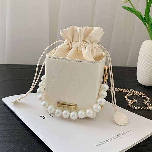 Pearl Detail White Chains Zip Shoulder Bag