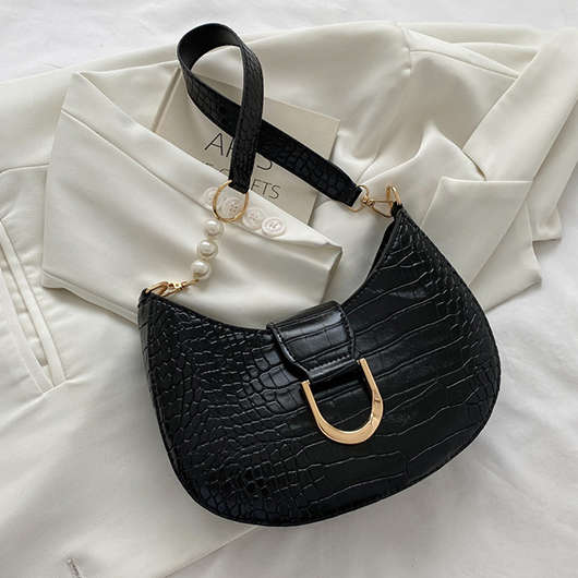 Pearl Detail Black Zip Shoulder Bag