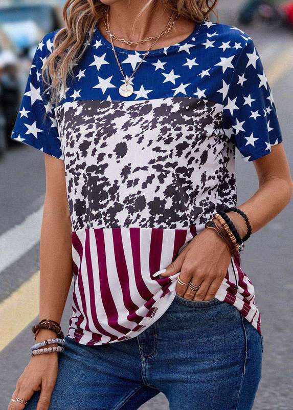 Lightweight Flag Print Blue Round Neck T Shirt