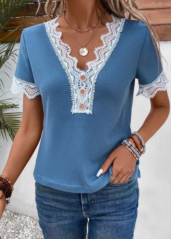 Patchwork Dusty Blue V Neck T Shirt