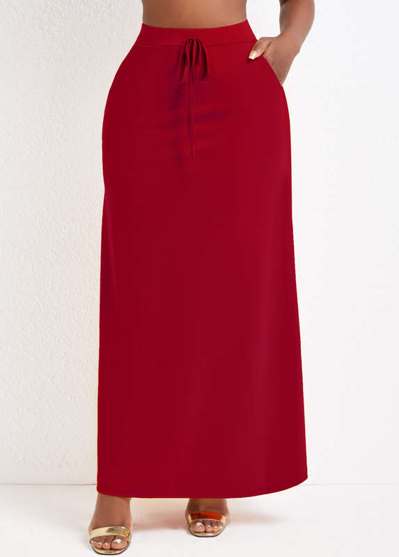 Pocket Wine Red Drawastring A Line Maxi Skirt