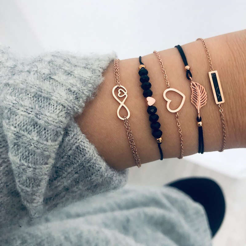 Heart Layered Design Black Bracelet Set