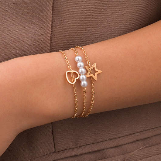 Heart Layered Pearl Detail Gold Bracelet