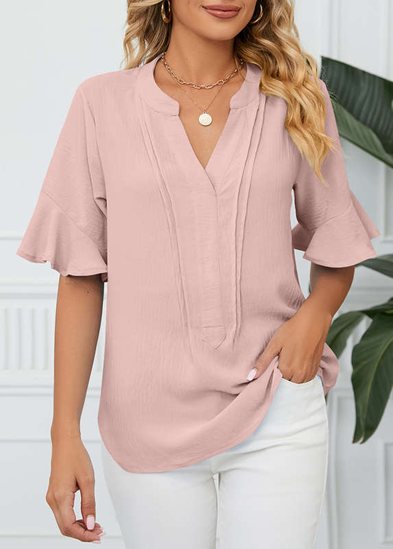 Tuck Stitch Light Pink Split Neck Blouse