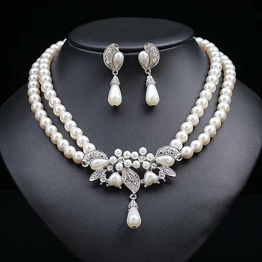 Silvery Pearl Layered White Necklace and Earrings