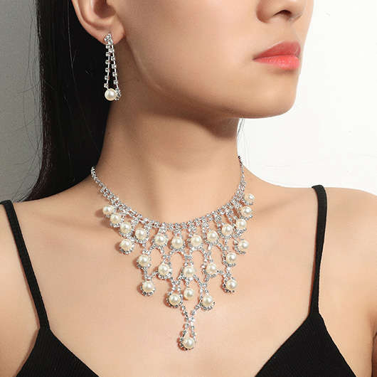 Pearl Rhinestone Silver Necklace and Earrings