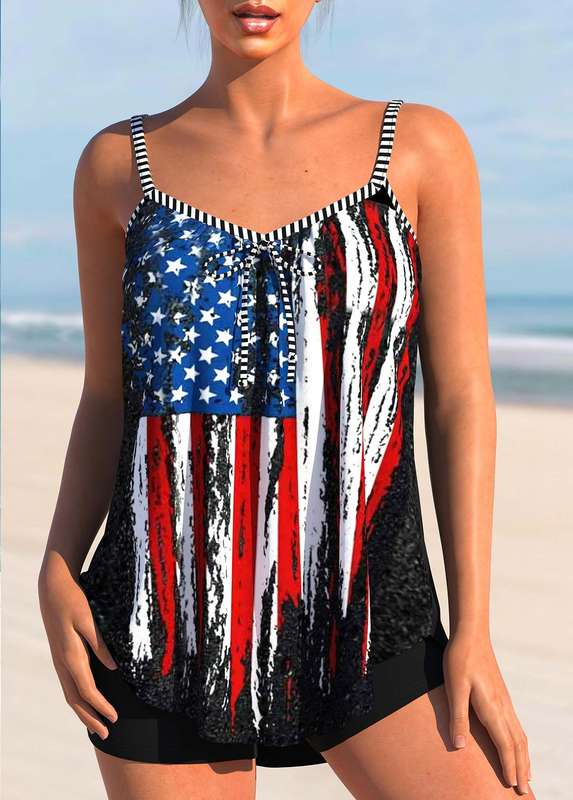 Bowknot Black Flag Print Tankini Set