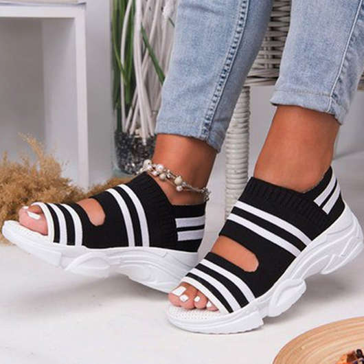 Striped Black Low Heel Open Toe Sandals