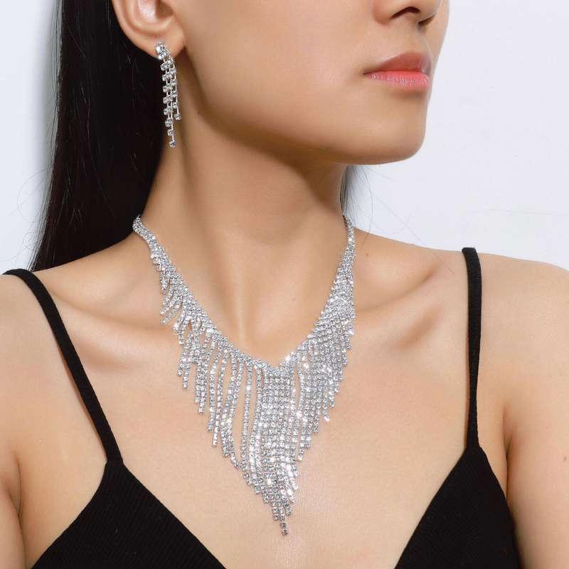 Tassel Rhinestone Silvery White Necklace and Earrings