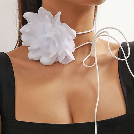 Floral Design Tie Detail White Necklace