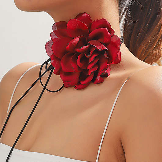 Rose Shape Detail Tie Red Necklace