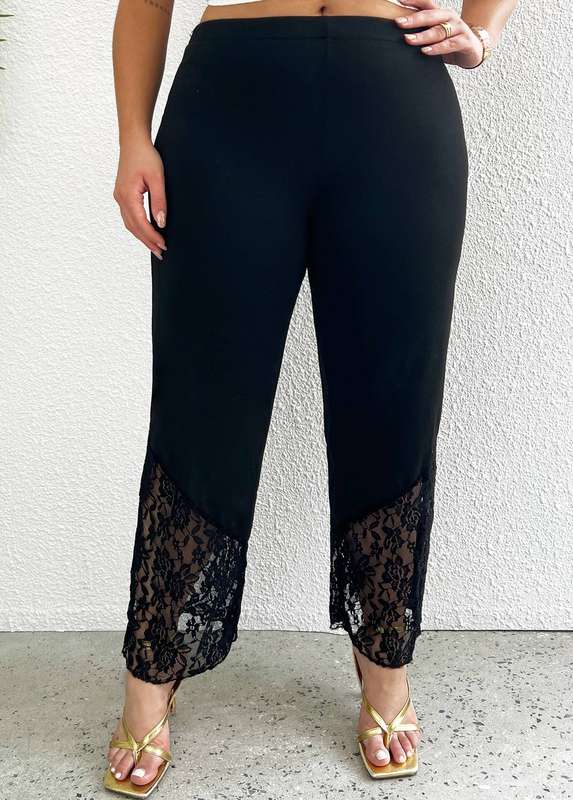 Plus Size Lace Black Elastic Waist Pants