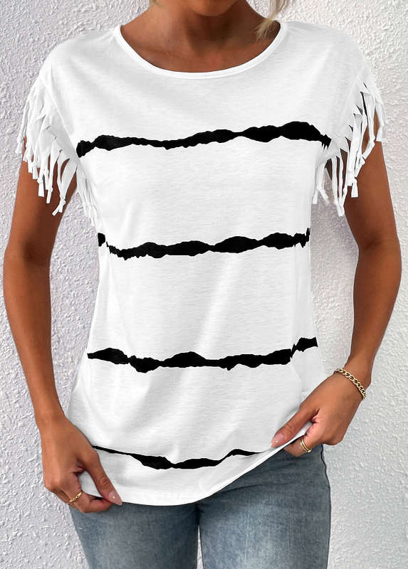Tassel Striped White Round Neck T Shirt
