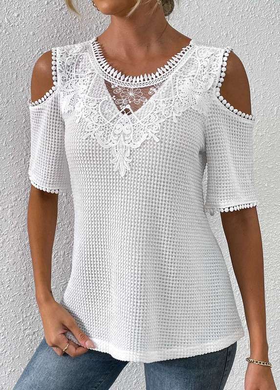 Lace White Round Neck Half Sleeve T Shirt