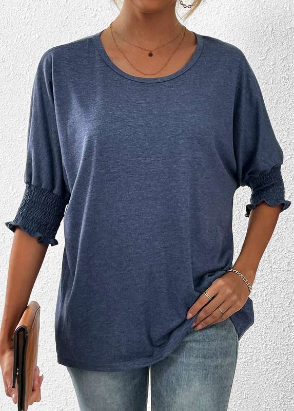 Smocked Navy Round Neck Half Sleeve T Shirt
