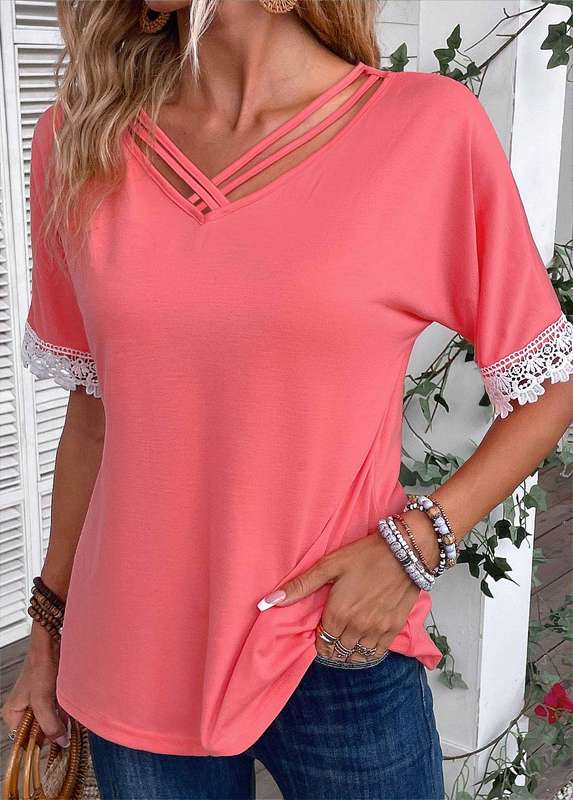 Patchwork Peach Red V Neck T Shirt