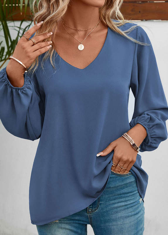 Dusty Blue V Neck Long Sleeve Blouse