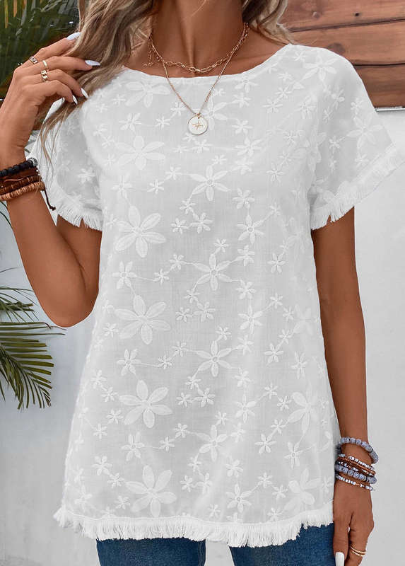 Embroidery White Boat Neck Short Sleeve T Shirt
