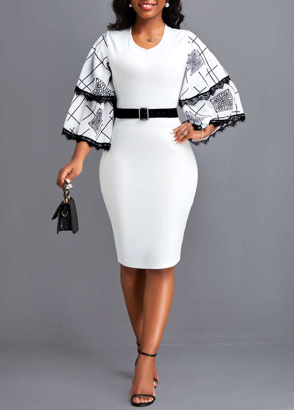 Lace Geometric Print White Belted Bodycon Dress
