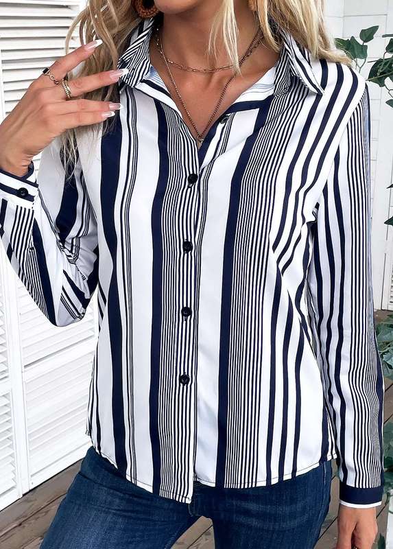 Striped White Shirt Collar Long Sleeve Blouse