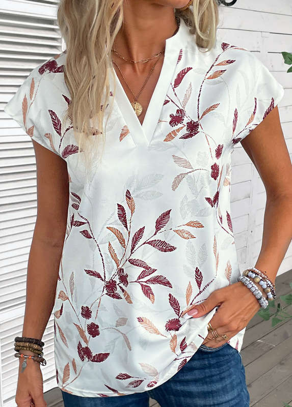 Split Leaf Print White Short Sleeve Blouse