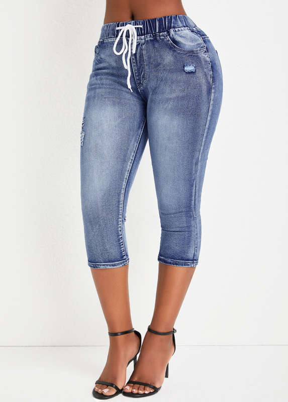 Pocket Denim Blue Skinny Drawastring Mid Waisted Jeans