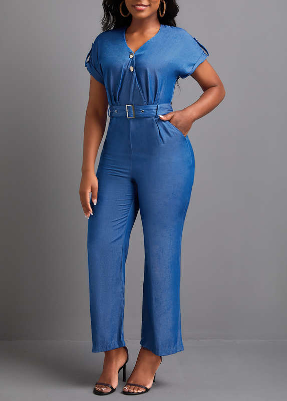 Pocket Denim Blue Belted Ankle Length Jumpsuit
