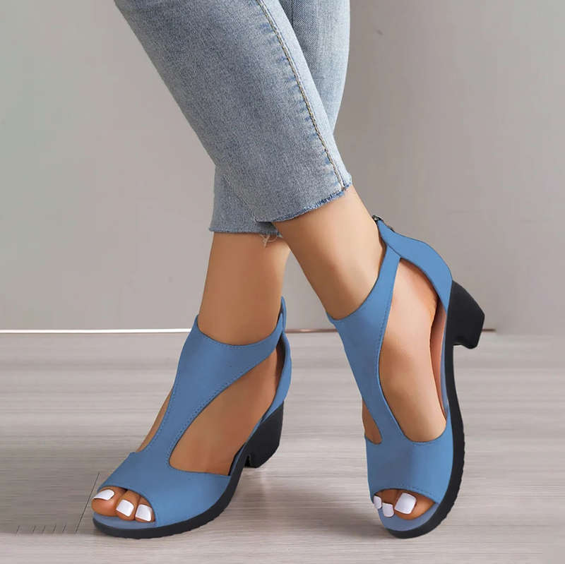 Dusty Blue Mid Heel Peep Toe Sandals