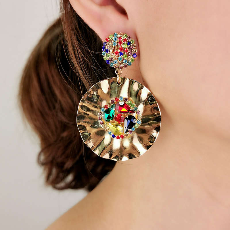Round Gold Metal Multi Color Rhinestone Earrings