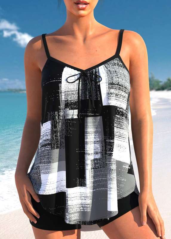 Bowknot Black Geometric Print Tankini Set
