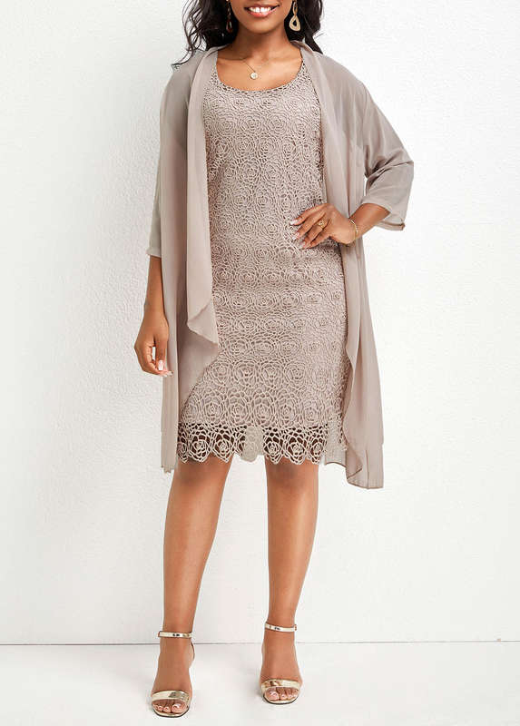 Two Piece Skin Color Scoop Neck Dress and Cardigan