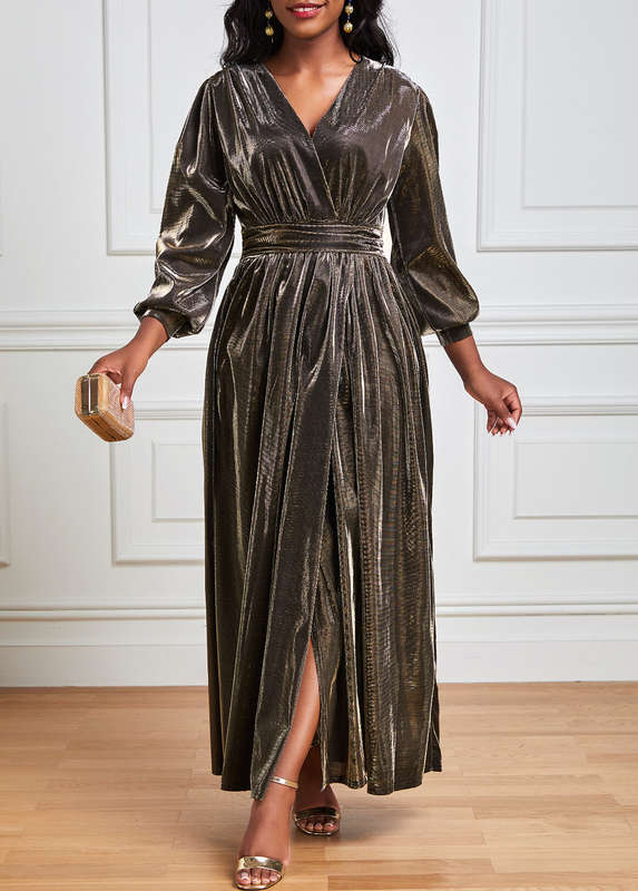 Surplice Dark Coffee V Neck Maxi Dress