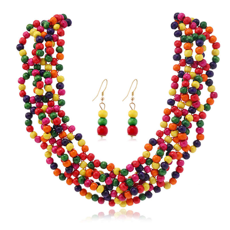 Wood Beads Multi Color Necklace and Earrings