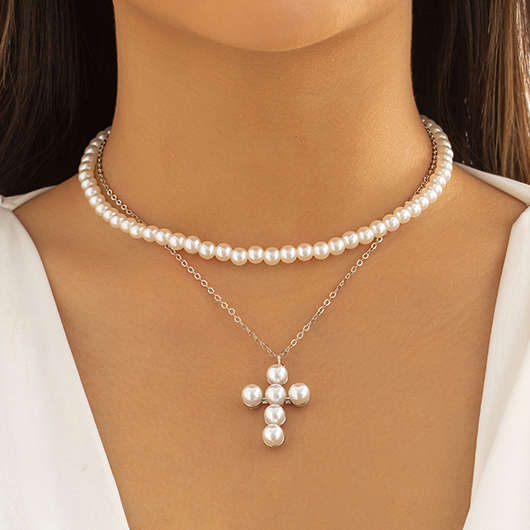 Cross Pearl Layered Silvery White Necklace