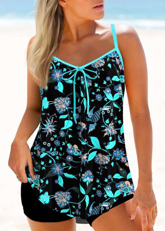 Bowknot Black Floral Print Tankini Set