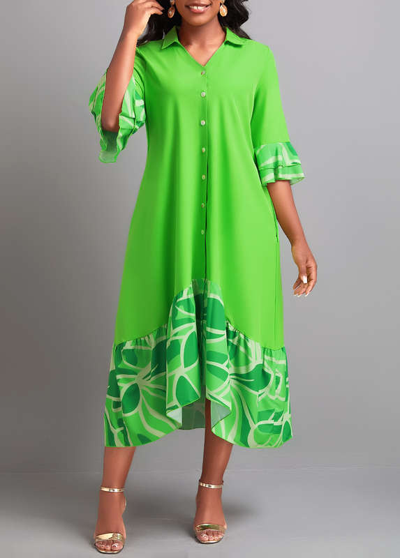 Patchwork Leaf Print Grass Green Shift Dress