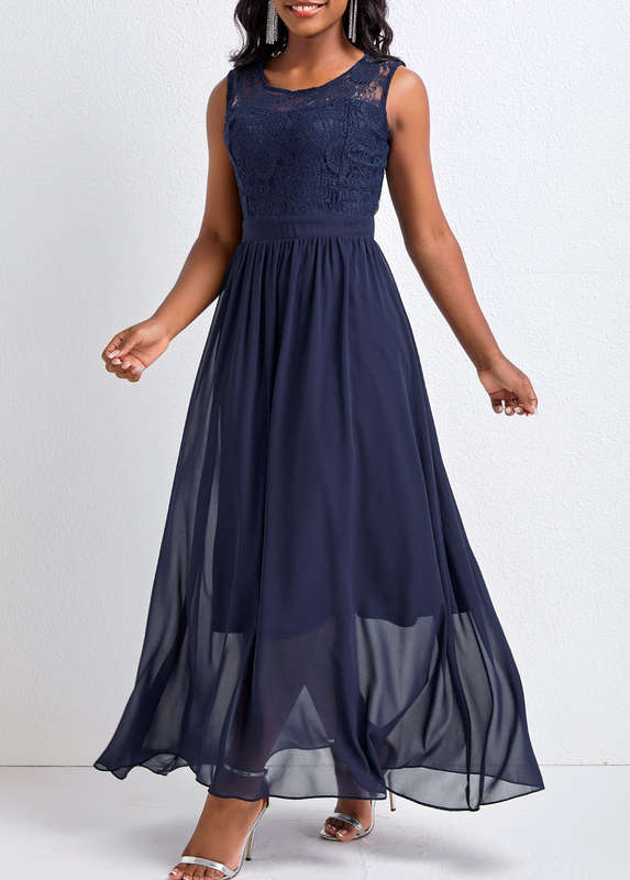 Lace Navy Round Neck Sleeveless Maxi Dress