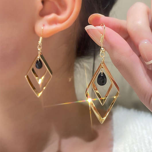 Rhombus Black Rhinestone Pendant Gold Alloy Hollow Earrings