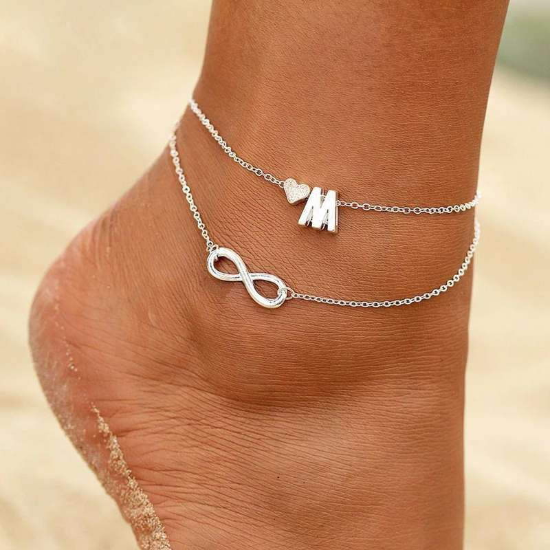Silvery Alloy Detail Letter Design White Anklet