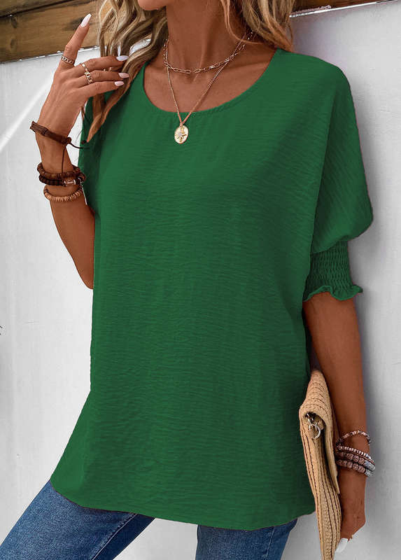 Smocked Green Round Neck Half Sleeve T Shirt