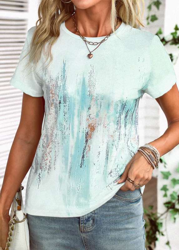 Graffiti Print Light Green Round Neck T Shirt