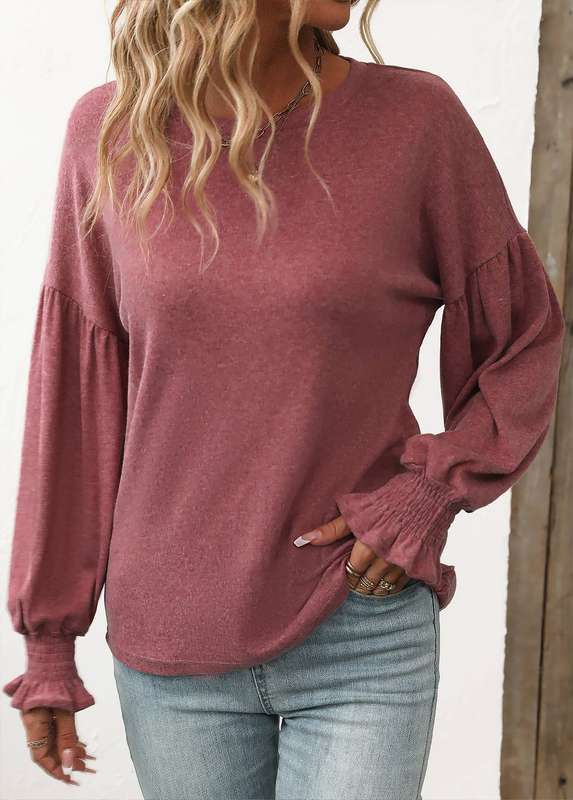 Smocked Coral Round Neck Long Sleeve T Shirt